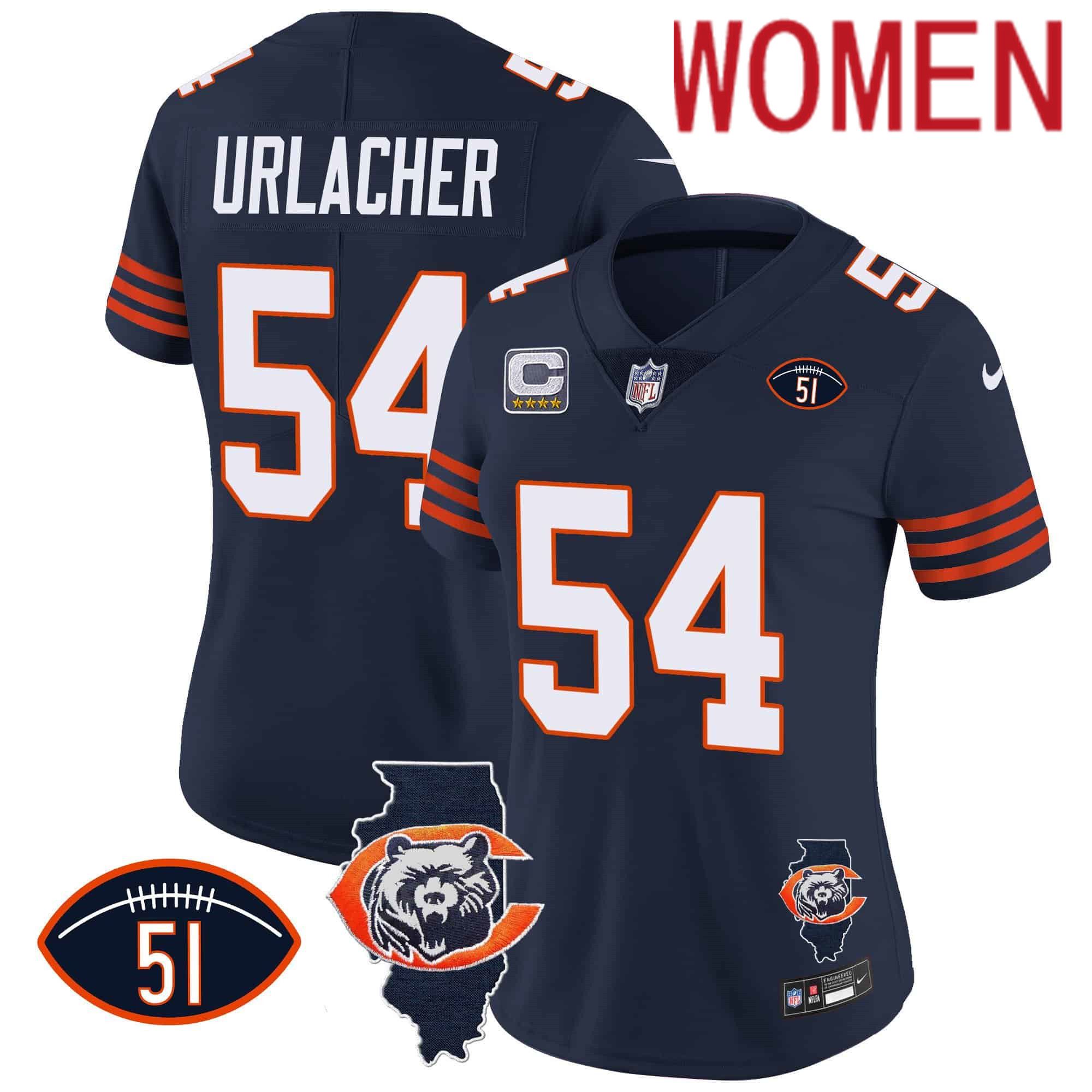 Women Chicago Bears #54 Urlacher Blue 2024 Nike Throwback Illinois Patch Vapor NFL Jersey style 1->women nfl jersey->Women Jersey